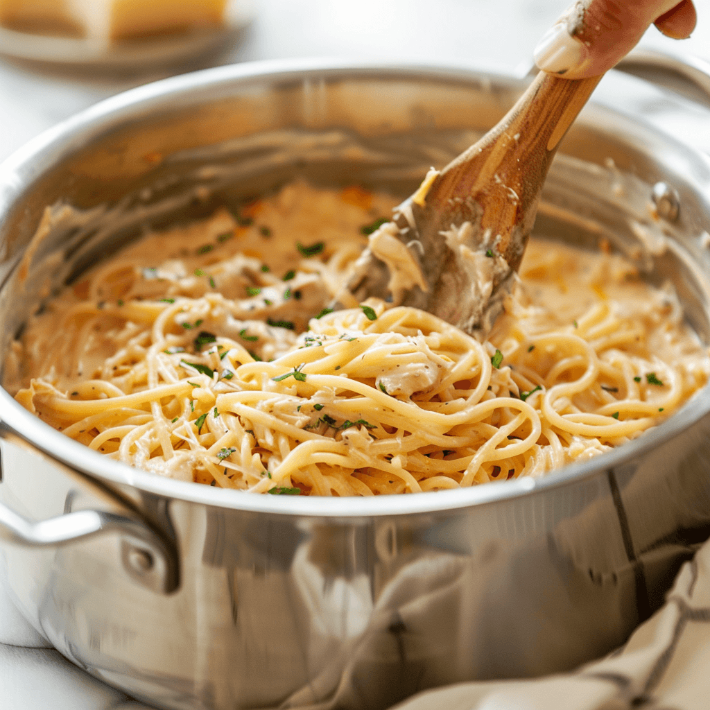 Step-by-step process of making chicken spaghetti casserole
