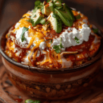 Top-down view of a high-protein cottage cheese enchilada bowl with melted cheese, avocado, jalapeños, and cilantro in a rustic ceramic bowl on a wooden table.