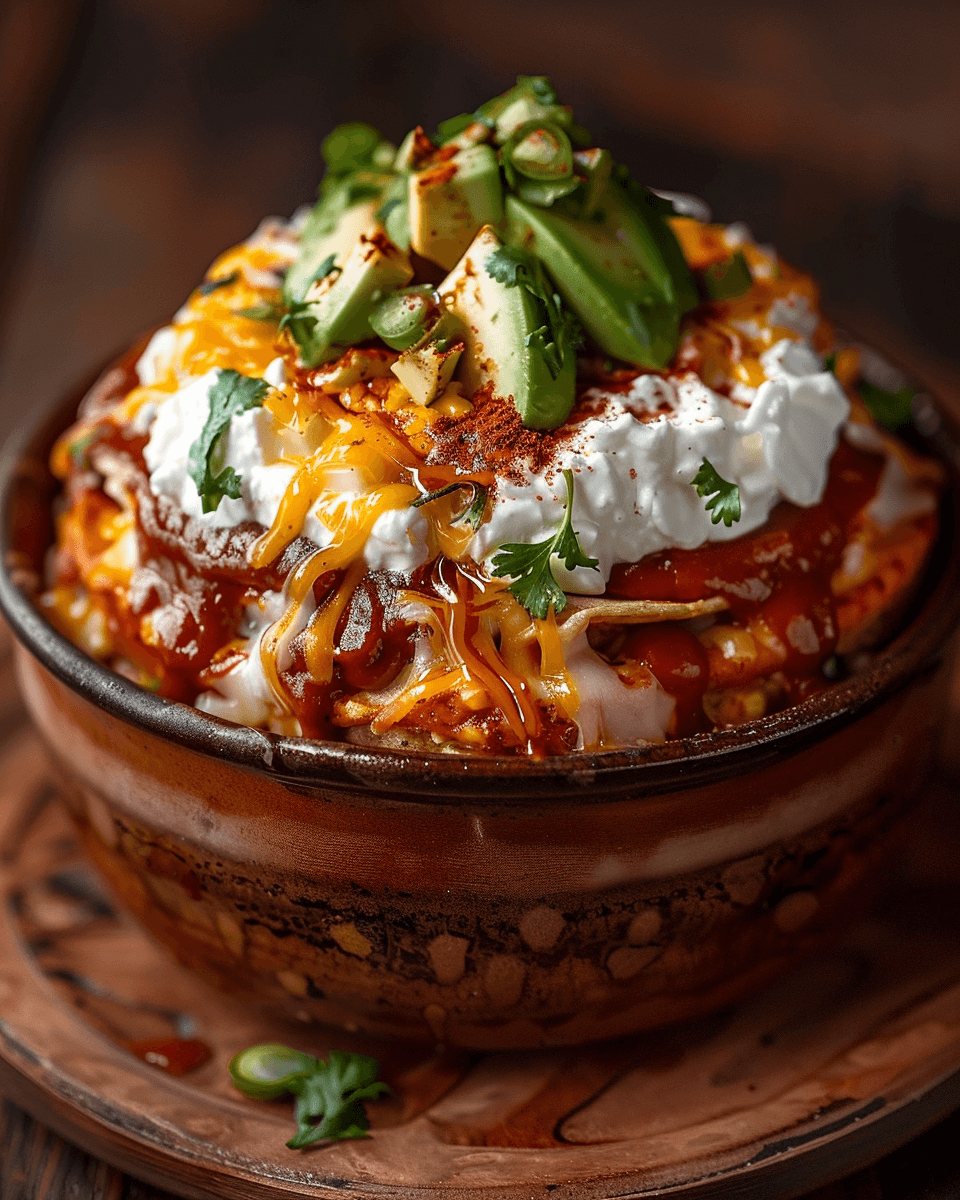 Top-down view of a high-protein cottage cheese enchilada bowl with melted cheese, avocado, jalapeños, and cilantro in a rustic ceramic bowl on a wooden table.